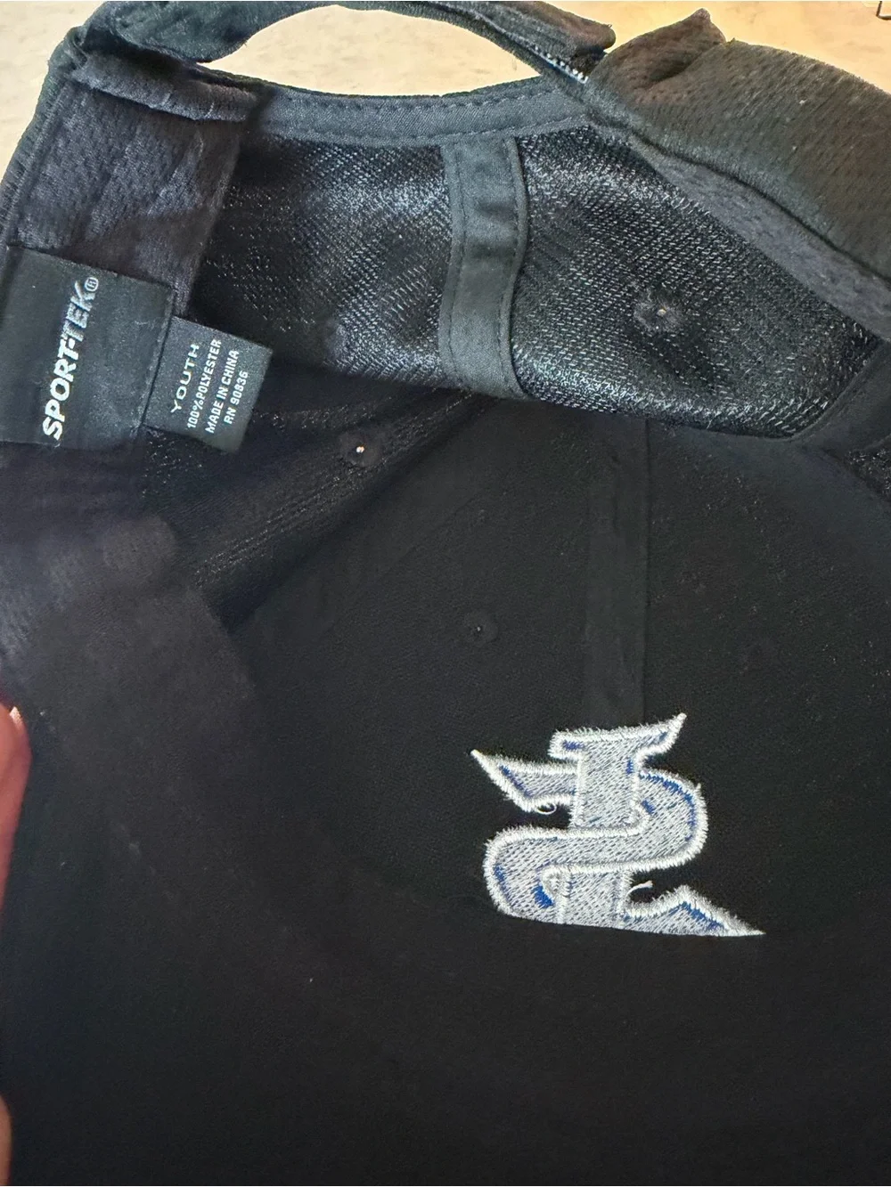 Sport-Tek Kids Black Cap with Blue and White Logo